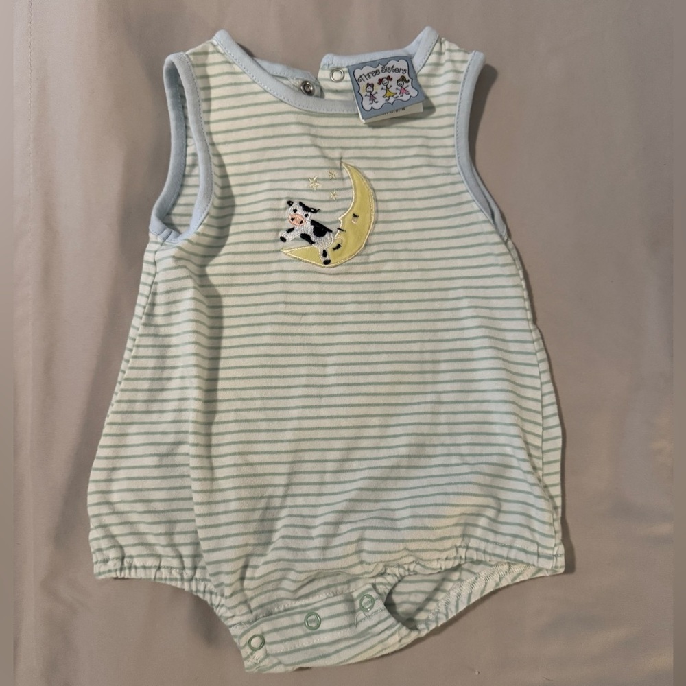 Three SistersStriped Baby Bubble Romper with Moon & Cow